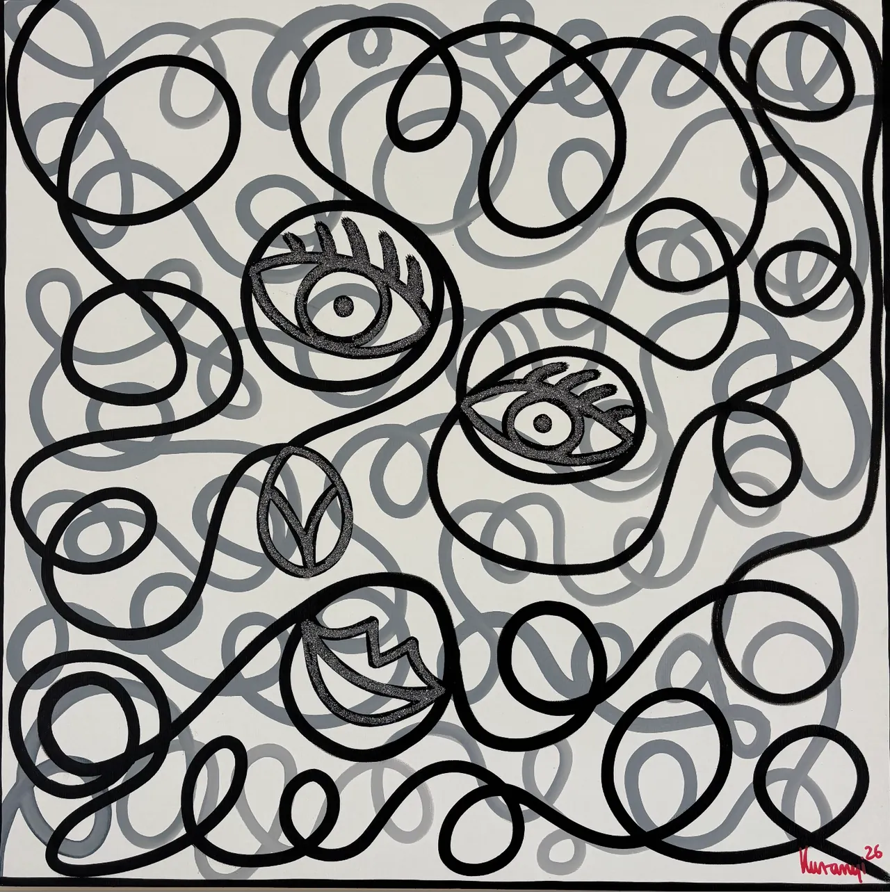 Infinity Mind Grey — Acrylic on canvas, 100 × 100 cm, 2026